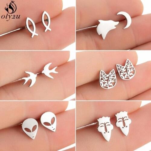 Tiny Animal Stainless Steel Earrings Cute Fish Swallow Stud Earring for Women Girls Unique Alien Earing Jewelry Best Friend Gift