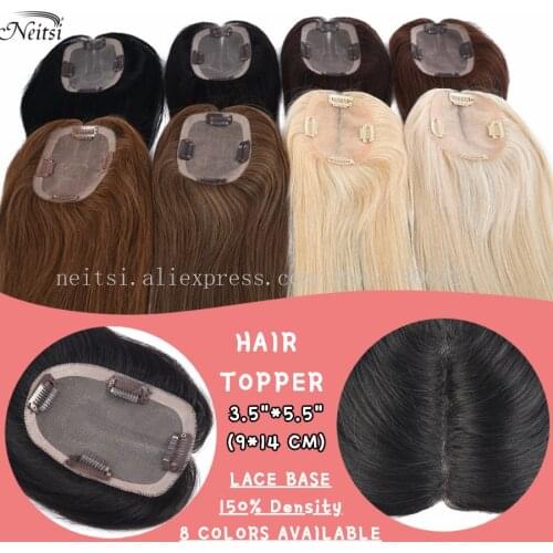 Neitsi 10x13 cm Women Remy Hair Topper Natural Straight Lace Base 4 Clips Toupee Hair System 14 Inches 180% Density