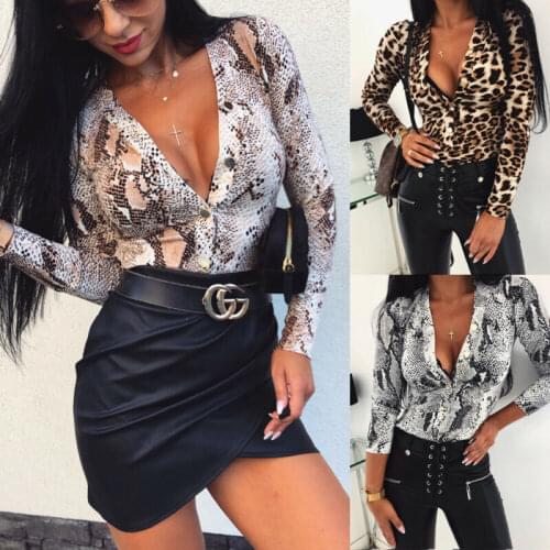 Women Sexy Deep V Neck Snakeskin Leopard Print Bodysuit Leotard Long Sleeve Elastic Waist Casual Wrap Overall Bodysuit Jumpsuit