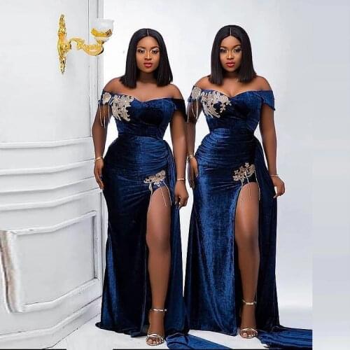 African Nigerian Evening Dresses Navy Blue Aso Ebi Off Shoulder Velour Mermaid Sexy Slit Prom Dress For Women Robe de Soirée
