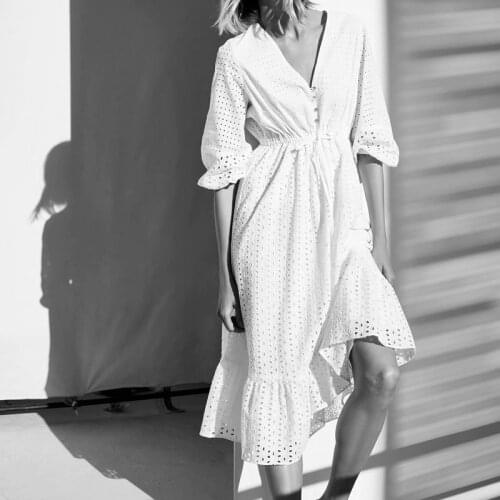 KUMSVAG Women Summer Vintage Solid Dress 2021 V-Neck Hollow Out Drawstring Bow Tie Female Elegant Party Dresses Vestidos OYK2371