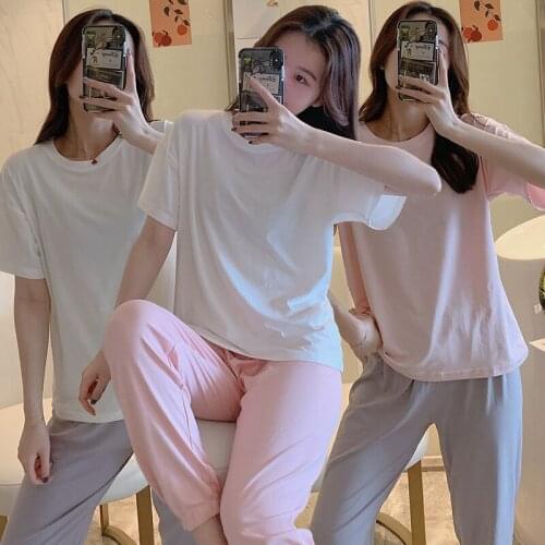 2021 Summer Short Sleeve Long Pants Cotton Pajama Sets for Women Loose Sleepwear Suit Pyjamas Homewear Pijama Mujer Home Clothes