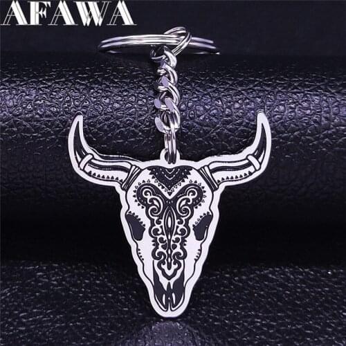 2021 Bohemian Bull Head Stainless Steel Keyring for Men Silver Color Keychains Jewelry llaveros para mujer K2S02