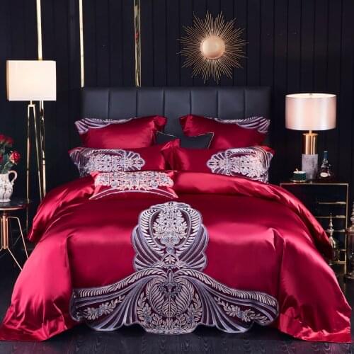 French Style Luxurious Lace Embroidery Heavy Silk Cotton Red Grey Bedding Set Duvet Cover Sheet Pillowcase King Queen 4 PCS