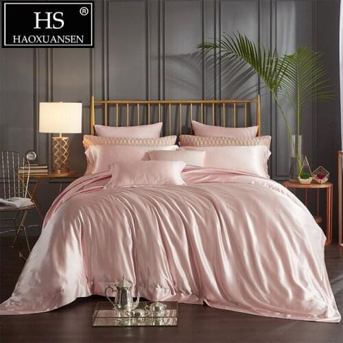 100% Mulberry Silk 4 Pcs Bedding Sets With Hidden Button Both Side 19 Momme Silk Sheet Quilt cover Pillow case King Size Pink