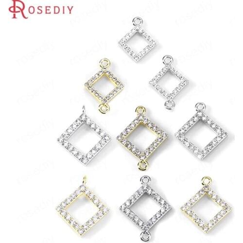 C807)6 pieces 24K Gold Color Brass and Zircon Square Connect Charms Pendants High Quality Diy Jewelry Findings Accessories