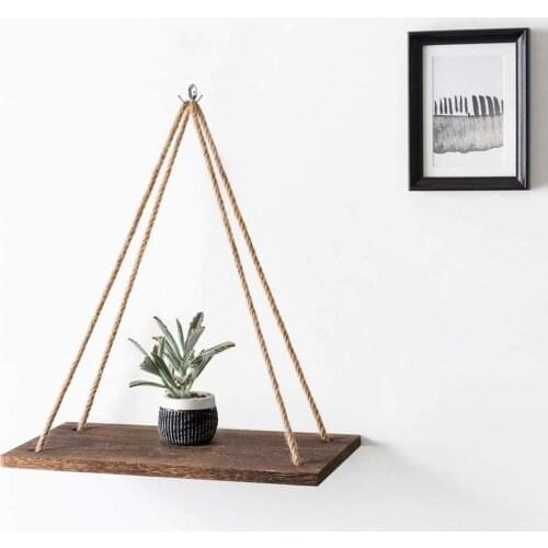 Wooden Rope Swing Wall Hanging Plant Flower Pot Tray Mounted Floating Wall Shelves Nordic Home Decoration Moredn Simple Design