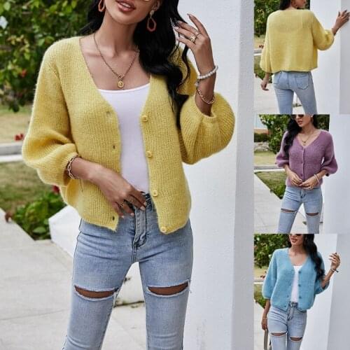 Breathable Girls V-neck Knitwear Ladies Solid Color Three Quarter Sleeve Single-breasted Knitted Coat Casual Cardigan Sweaters