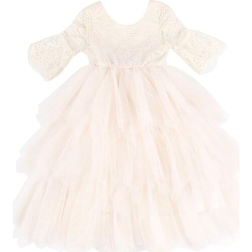 Flofallzique Girl Princess Tutu Dress Lace Upper Body Seven Quarter Sleeves Cute Sweet Style For Kids Prom Party Wedding