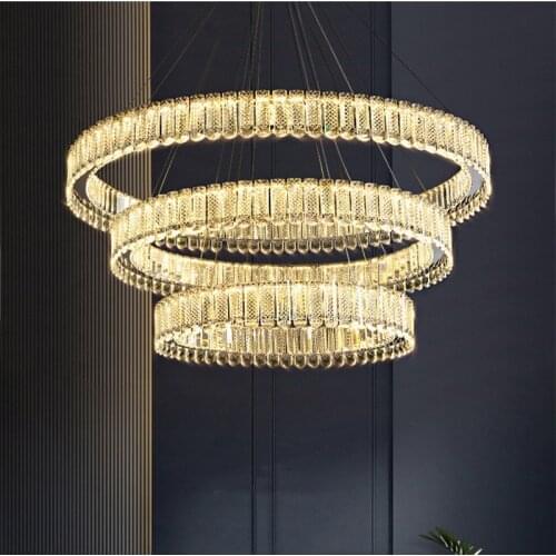Foyer Luxury K9 Crystals Led Pendant Lights Round Metal Circle Chrome Led Hanging Lamp Living Room Deco Indoor Lighting Fixtures