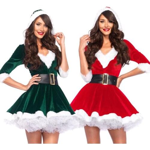 Carnival Xmas Santa Claus Red Green Suit Costume Flannel Christmas Hooded Fancy Party Dress Cosplay Halloween