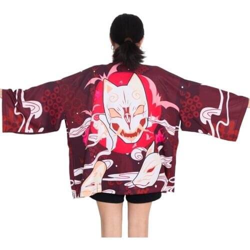 Black Kimono Cardigan Women Japanese Obi Yukata Haori Japanese Fox Mask Coat Traditional Japan Anime Clothing Kimono Mujer