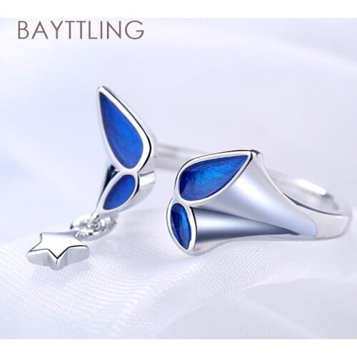 BAYTTLING 925 Sterling Silver Fine Star Blue Butterfly Open Ring For Women Fashion Wedding Gift Jewelry