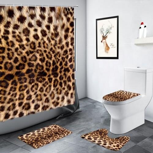 Brown Leopard Shower Curtains Non-slip Rug Bath Mat Toilet Lid Carpet Modern Fashion African Animal Pattern Bathroom Decor Sets