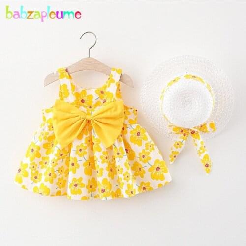 2Piece Newborn Baby Girls Summer Clothes Cute Bow Flowers Kids Set Beach Dress Cotton Sleeveless Toddler Dresses+Sunhat 2032-1