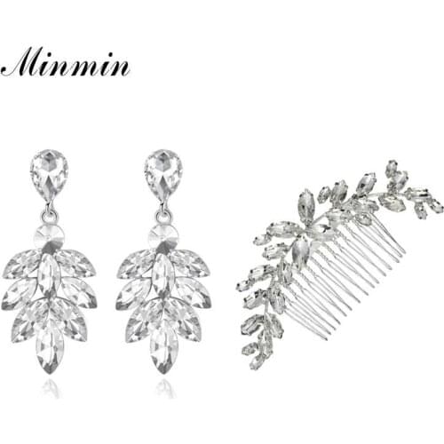 Minmin Cute Leaf Branch Crystal Wedding Earrings Combs Set for Women Luxury Silver Color Bridal Jewelry Sets Female EH1626+FS260