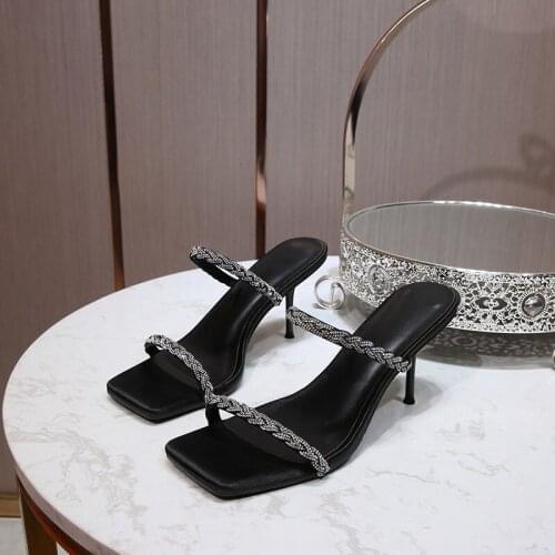 2021 summer new style rhinestone one word belt high-heel sandals and slippers women fashionable shiny rhinestone stiletto