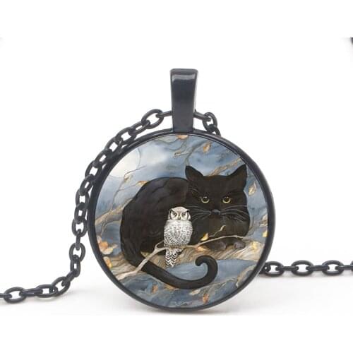 Fashion Black Cat Owl Pattern Necklace Glamour Painting Cat Glass Crystal Pendant Sweater Chain Mens Womens Accessorie Jewelry