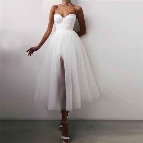 Simple Short A-Line Backless Wedding Dresses 2021 Spaghetti Straps Side Split Tea-Length Beach Bridal Gowns Vestido De Noiva