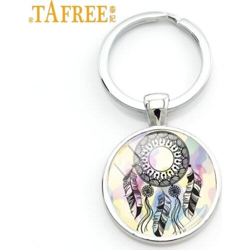 TAFREE New Fashion Dream Catcher Feather Colorful Picture Keychain Key Chain Glass Dome Women Exquisite Key Ring Jewelry ZY169