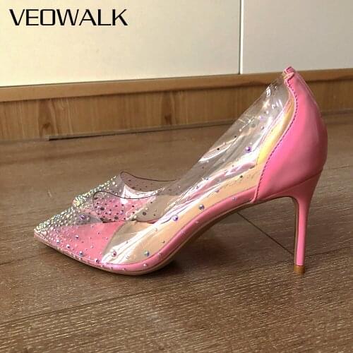 Veowalk Women Patchwork Transparent Rhinestones Pointy Toe Stiletto Pumps Goegeous Ladies Slip On High Heel Wedding Party Shoes