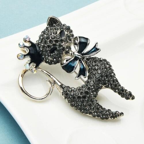 Wuli&baby Rhinestone Crown Cat Brooches Women Men Enamel Pet Animal Party Casual Brooch Pins Gifts