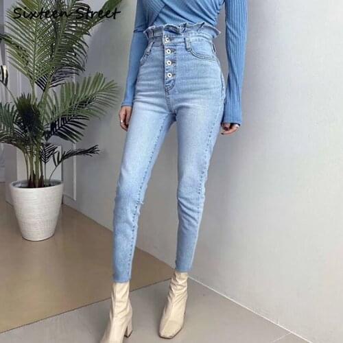 Womens High Waist Jeans Chic Breasted Korean Style Skinny Jean Slim Femme New Vintage Clothes Y2K Pants Aesthetic Female 2020