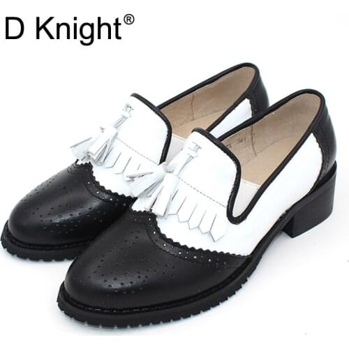 Handmade Genuine Leather Lady Oxfords Shoes Vintage Tassel Platform Brogue Shoes Woman British Style Slip On Loafers Women Flats