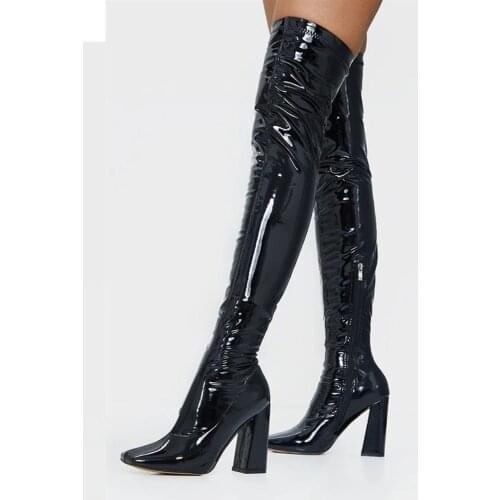 Womens Square Toe Over The Knee Thigh High Boots Block High Heel Shoes Black Patent Leather Side Zipper Plus Size 35-43