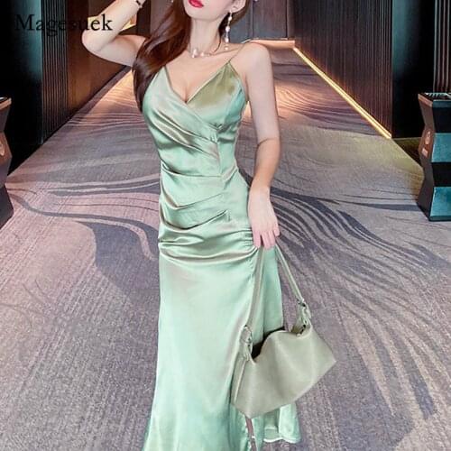 Backless V-neck Sexy Party Dress 2021 Pleated Split Elegant Spaghetti Strap Dress Ladies Green Summer Dresses Robe Femme 14577