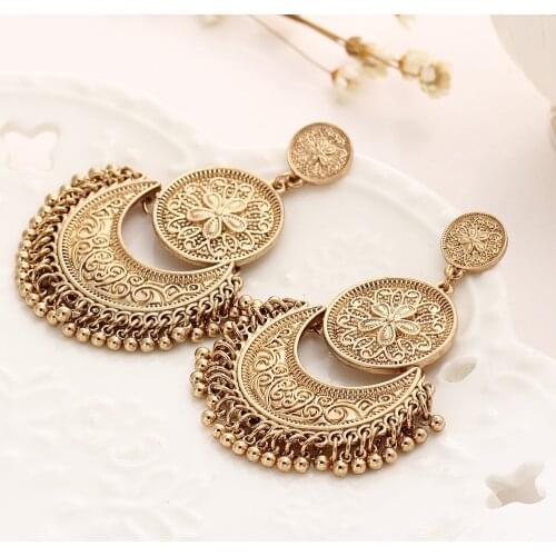 ZMZY Ethnic Tribal Antique Gold Color Bohemia Carved Moon Long Tassel Earrings Vintage Jewelry For Women
