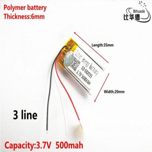 3 line Good Qulity 3.7V,500mAH,602035 Polymer lithium ion / Li-ion battery for TOY,POWER BANK,GPS,mp3,mp4