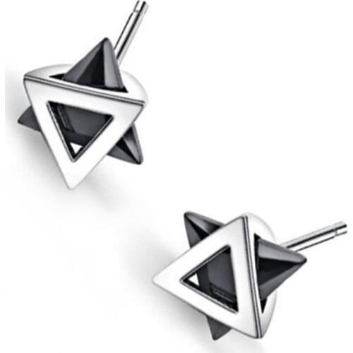 White/Blue/Black Triangle Stone Geometric Stud Earrings for Men Retro Punk Jewelry Male Hip Hop Fashion Silver Plated Earrings