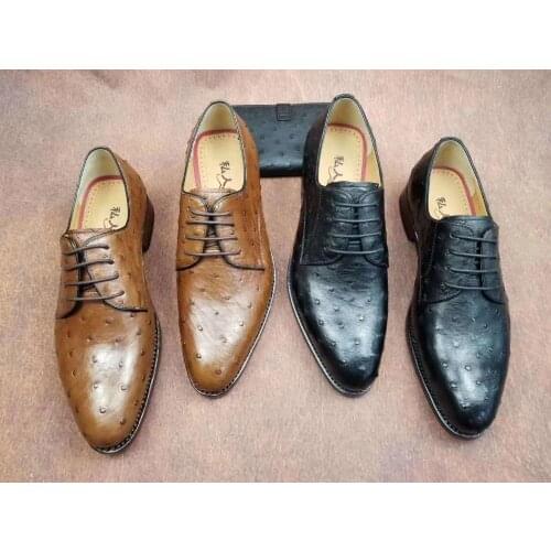 Newly production genuine ostrich skin men business dress shoe black light brown color ostrich skin men dress shoes free shipping