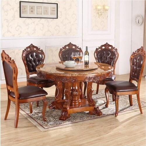 European style dining table and chair combination solid wood small house round marble round table household with turntable