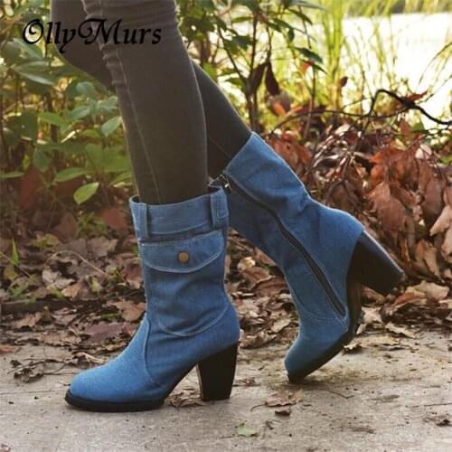 Lowest Price with Best Quality and Free Gift - Women Boots Spring Autumn girls high-heel boots Fashion denim Mid-calf boots