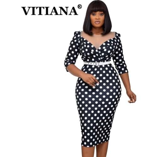 VITIANA Women Office Lady Dot Dress Summer 2021 Female Mesh Sexy Pencil Dresses Femme Black OL Vestidos Africa With Belt