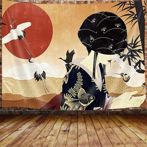 Japanese Geisha Anime Asian Women Decor Red Sun Bamboo Wall Hanging For Bedroom Trippy Art Tapestry College Dorm Home Decor
