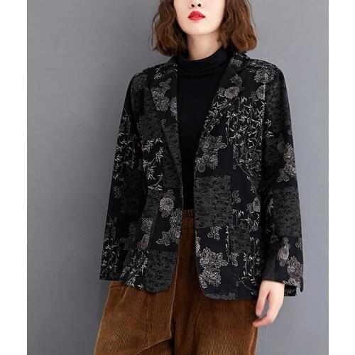 Women Denim Jacket Slim Thick Cotton-Padded Flower Print Outerwear Female Vintage Plus Size Black Coats 2021 Spring New Jackets