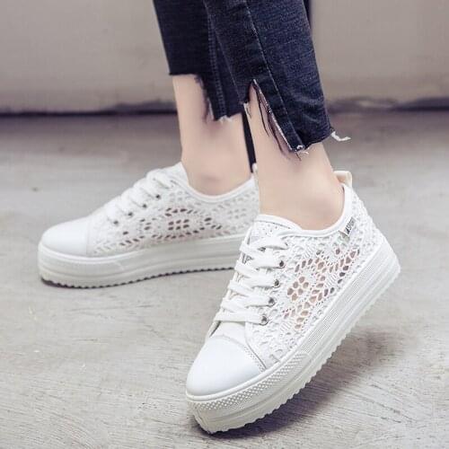 Size 42 Lace Fabric Platform Heels Women Summer Sneaker Lace Up Ladies Walking Casual Shoes Women White Black Sneakers Platform