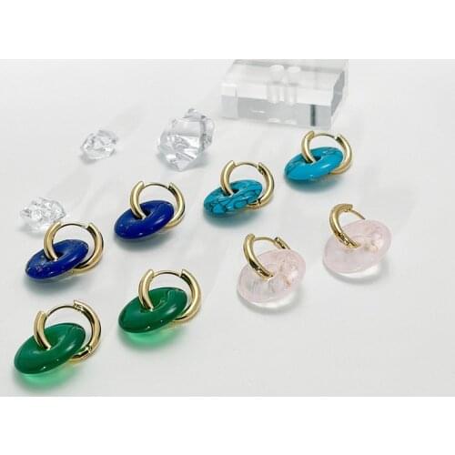 ALLNEWME Vintage Colorful Round Stone Charm Hoop Earrings for Women Pink Green Blue Geometric Circle Hoops Huggie Earring Brinco