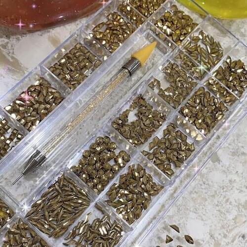 1000pcs/Box 5-12mm Gold/Gray Nail Rhinestones +1pc Dotting Pen Flatback Crystal 20-Shapes Nail Art Decoration Glass Stones Te#99