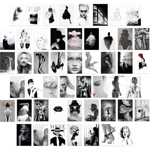 50pcs Black and White Film Style Photo Wall Collage Kit Posters Fashion Vogue Sexy Woman Art Prints Pictures Trend Room Decor