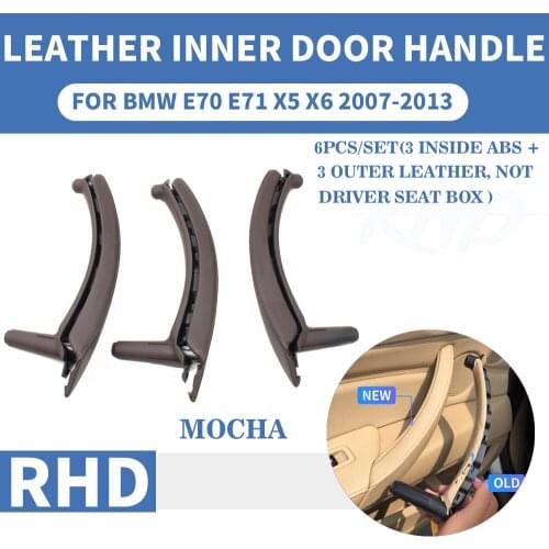 6PCS/set RHD Mocha Leather Car Front Rear / Left Right Interior Door Handle Inner Panel Pull Trim For BMW E70 E71 X5 X6 07-13