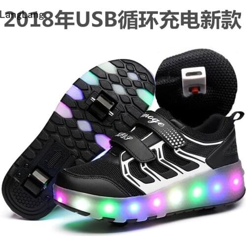 USB Charge Kids Shoes LED Light with Two Wheels Luminous Sneakers Girls Sports Shoes Boys Girl Childrens Sneakers black