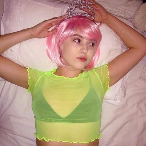 Neon Color See Through T-shirt Short Sleeve Tranparent Slim Fit Cropped Women Summer Fashion Mesh Sheer Tops Tee Streetwear