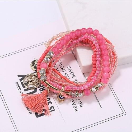 Crystal Beads Charm Bracelets For Women Girls Boho Multilayer Elastic Tassel Life Tree Bracelets 2020 New Pulseras Femme Bijoux