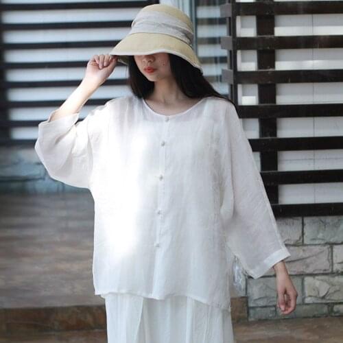 Johnature Spring Summer Solid Color O-neck Single Breasted Cotton Linen Shirt 2021 New Loose Comfortable All-match Women Tops