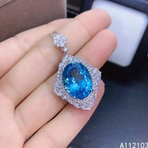 KJJEAXCMY fine jewelry 925 Sterling Silver inlaid natural Sky Blue Topaz girl luxury elegant large GEM PENDANT support detection
