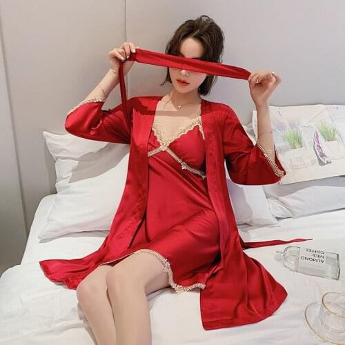 Burgundy Bride Wedding Robe Set Sexy Satin Lace Kimono Gown 2PCS Lady Mini Strap Nightdress Summer Loose Thin Simple Bathrobe